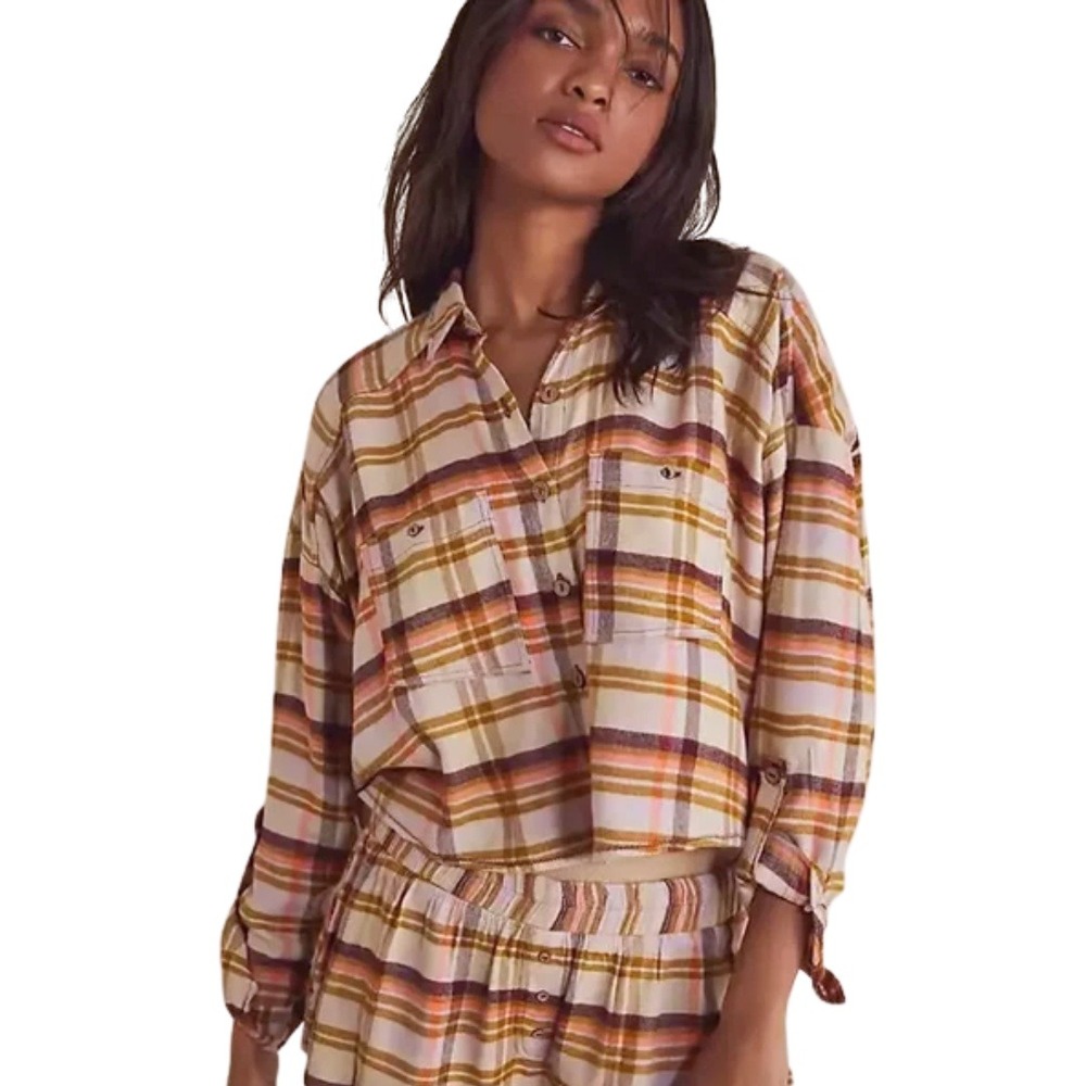 Free People Top‎ Womens Medium Flannel Plaid Cropped Oversized Intimately Shirt
